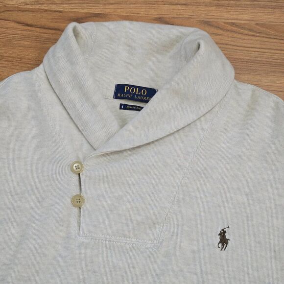 POLO Ralph Lauren Mens Large Estate Rib Shawl Neck Pullover Sweater Beige Preppy - Picture 1 of 12